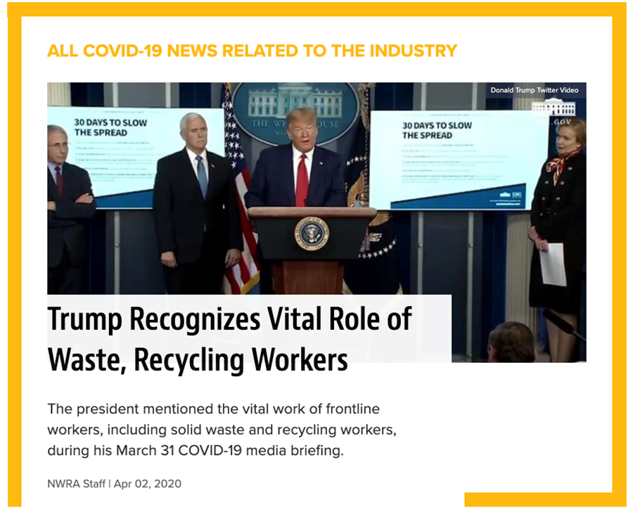 President Trump Recognizes Vital Role of Waste, Recycling Workers During COVID-19