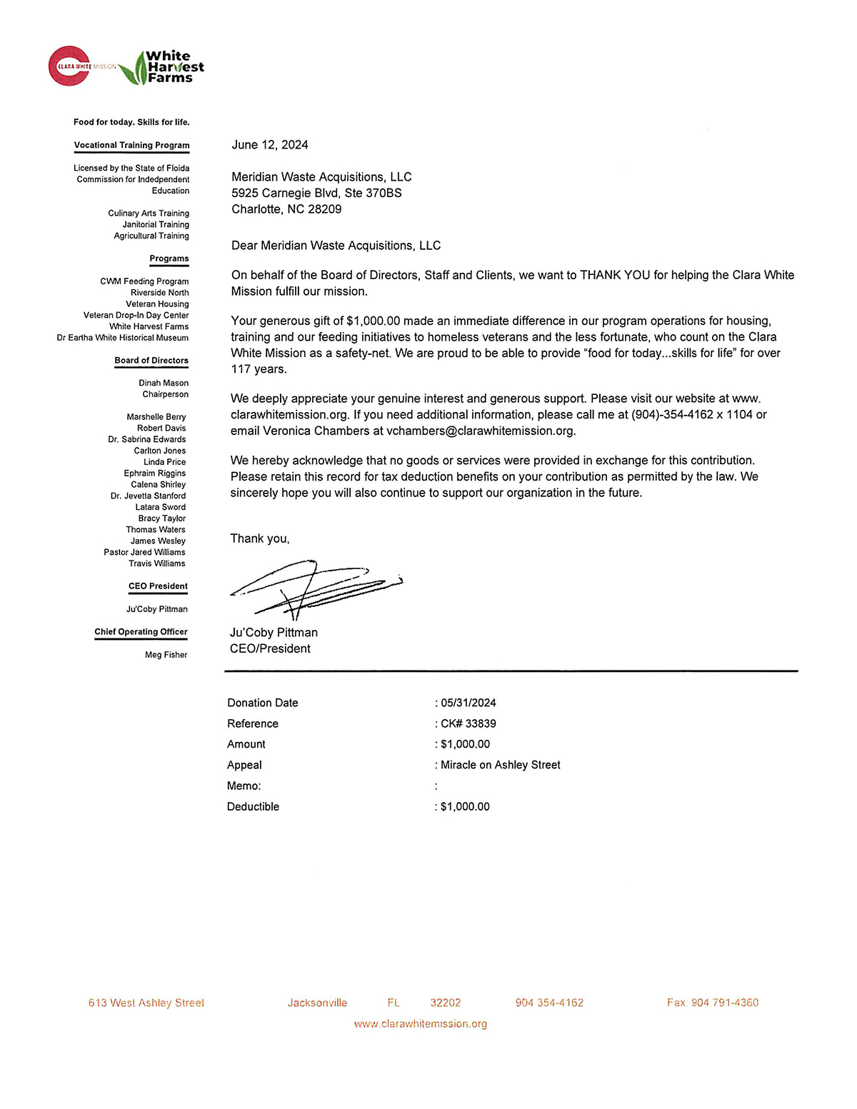 Meridian Waste Happy to Assist the Clara White Mission Help Fulfill Their Goal